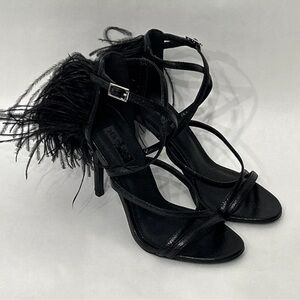TOPSHOP Black Roxana Stilettos Leather Strappy Feathers Heels